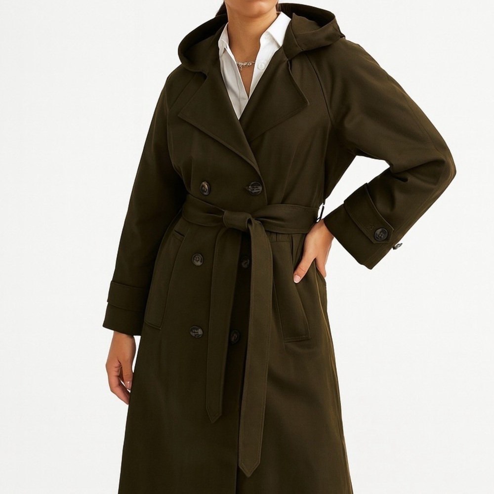 RW&Co Trench Coat Transitional Season Classic Overcoat wHood Twill Khaki Green L